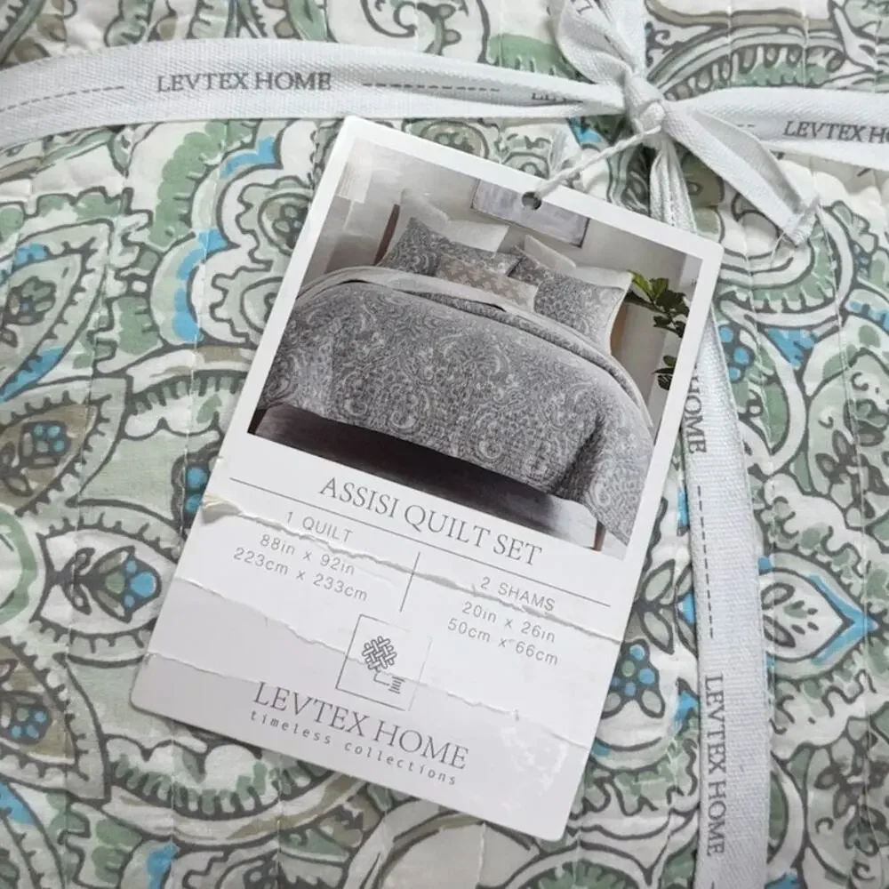 Levtex Home NWT Assisi Quilt Set Full/Queen 2 Shams Mint Green Paisley Floral